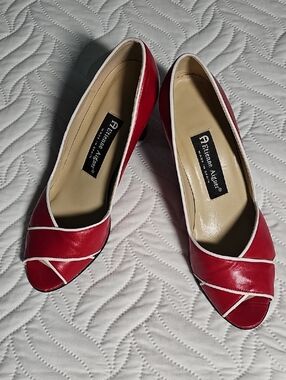 Etienne Aigner Sz 7 Red Leather Peep-Toe Pumps with White Trim